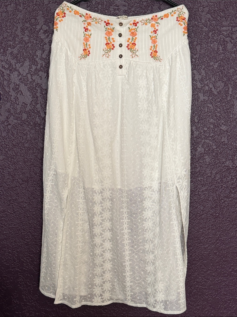 Miss Me White Maxi Skirt with Orange & Pink Embroidered Waistband